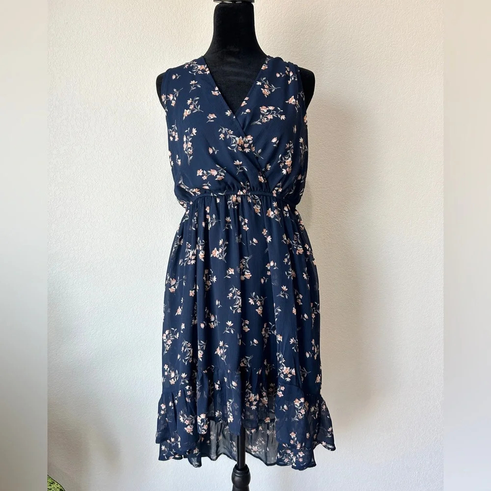 Altar’d State Navy Floral Ruffle High Low Dress Size Large